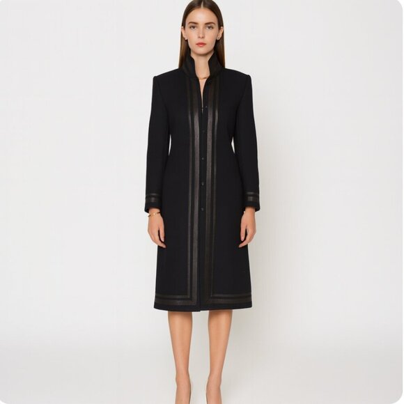 Shanghai Tang Womens Navy Blue Cashmere & Wool Coat Black leather trim Size 4 - Picture 8 of 8